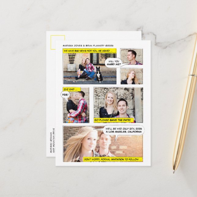 Comic Book Style Save the Date Announcement Postcard (Front/Back In Situ)
