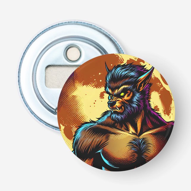 Comic Book Style Werewolf in Front of Full Moon Bottle Opener (Front)