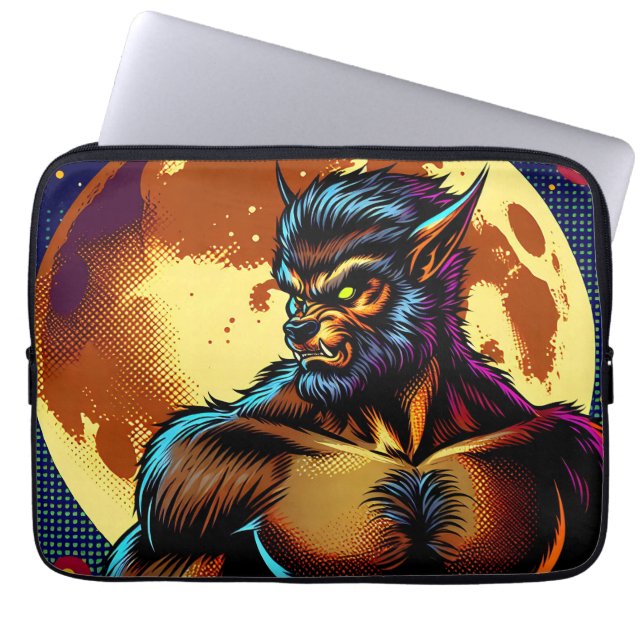 Comic Book Style Werewolf in Front of Full Moon Laptop Sleeve (Front)