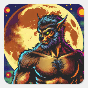 Comic Book Style Werewolf in Front of Full Moon Square Sticker