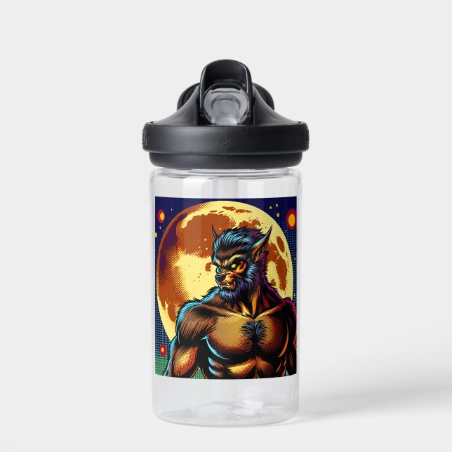 Comic Book Style Werewolf in Front of Full Moon Water Bottle (Front)