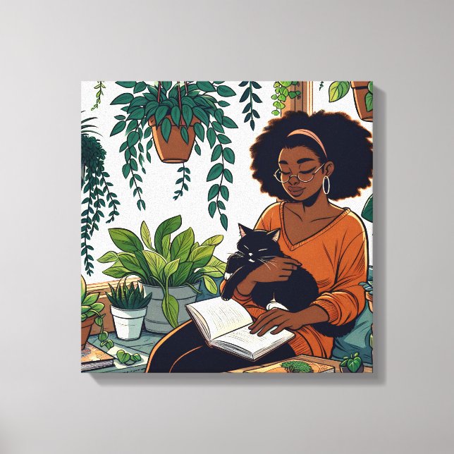 Comic Book Style Woman, Cat and Book Canvas Print (Front)