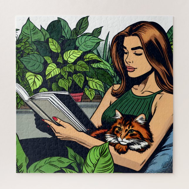 Comic Book Style Woman, Cat and Book Jigsaw Puzzle (Vertical)