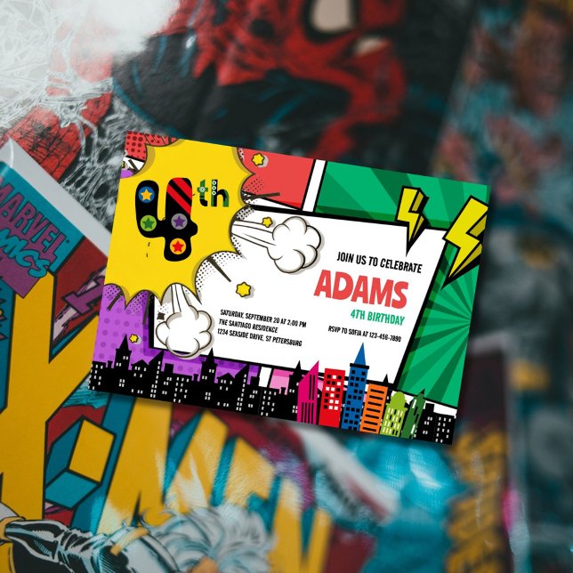 Comic Book Superhero 4th Birthday Invitation (Creator Uploaded)
