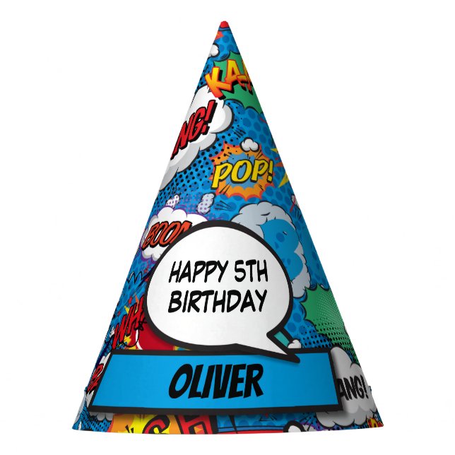Comic Book Superhero Birthday Blue Party Hat (Front)
