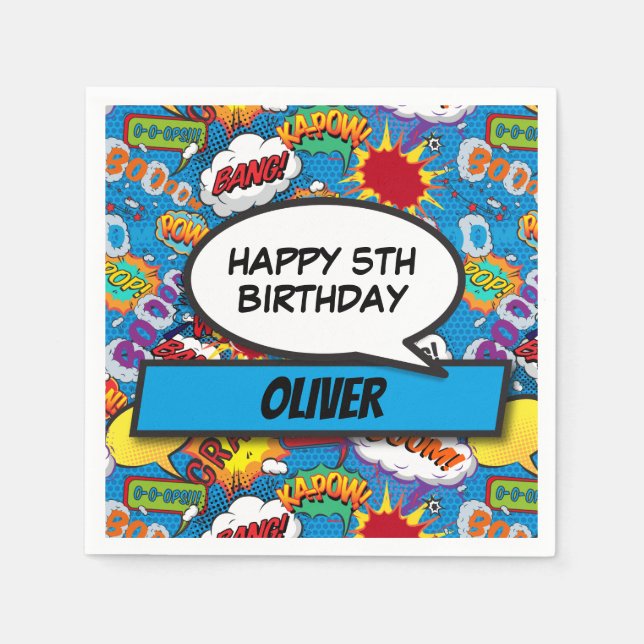 Comic Book Superhero Birthday Party Blue Napkin (Front)