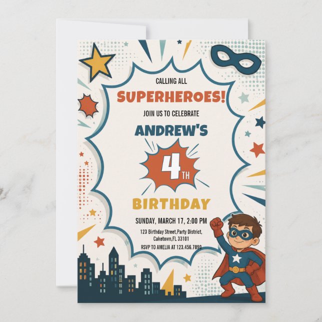 Comic Book Superhero Boy Pop Art Birthday Invitation (Front)