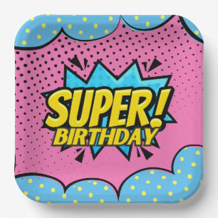 Comic book superhero girl birthday paper plate