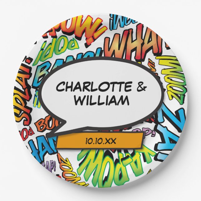 Comic Book Superhero Trendy Typographic Paper Plate (Front)