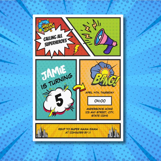 Comic Book Superhero Unique Boy's Birthday  Invitation (Comic book superhero invitation birthday)