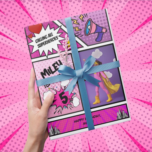 Comic Book Superhero Unique Girl's Birthday  Wrapping Paper (Comic Book Superhero Pink Photo Personalized Wrapping Paper)