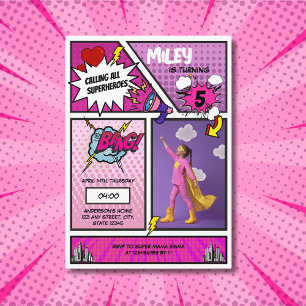 Comic Book Superhero Unique Girl's Photo Birthday  Invitation