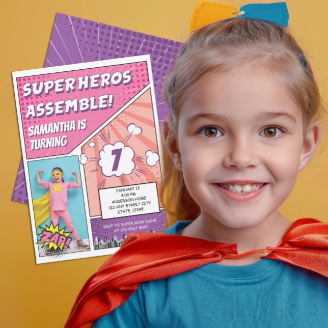 Comic Book Superhero Unique Girl's Photo Birthday Invitation (Creator Uploaded)
