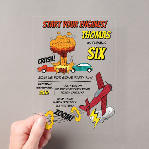 Comic Book Trucks Cars Vehicles Aeroplanes Birthda Acrylic Invitations