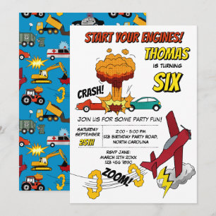 Comic Book Trucks Cars Vehicles Aeroplanes Birthda Invitation