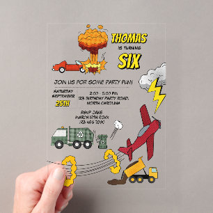 Comic Book Trucks Cars Vehicles Airplanes Birthday Acrylic Invitations