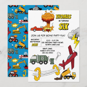 Comic Book Trucks Cars Vehicles Airplanes Birthday Invitation