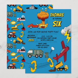 Comic Book Trucks Cars Vehicles Airplanes Birthday Invitation