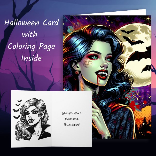 Comic Book Vampire Halloween and Colouring Page Card (Creator Uploaded)