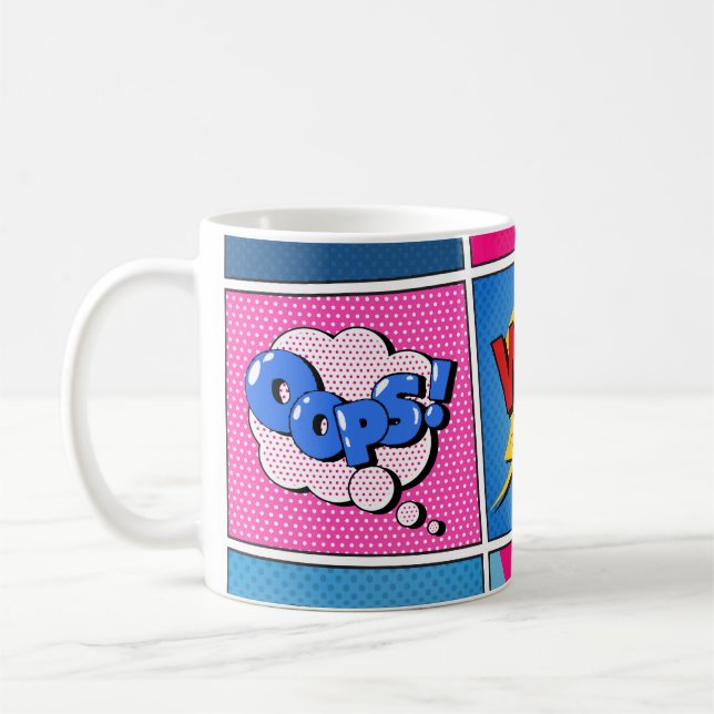 Comic Bubbles Set. Expressions Bom, Cool, Pow, Oop Coffee Mug (Left)