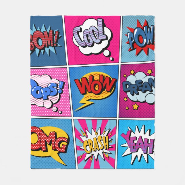 Comic Bubbles Set. Expressions Bom, Cool, Pow, Oop Fleece Blanket (Front)