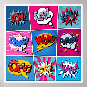 Comic Bubbles Set. Expressions Bom, Cool, Pow, Oop Poster