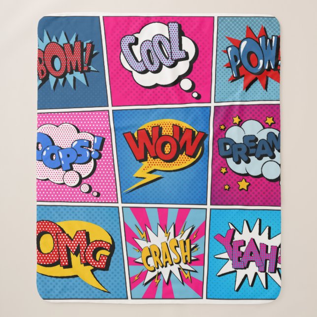 Comic Bubbles Set. Expressions Bom, Cool, Pow, Oop Sherpa Blanket (Front)