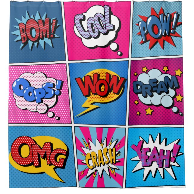 Comic Bubbles Set. Expressions Bom, Cool, Pow, Oop Shower Curtain (Front)