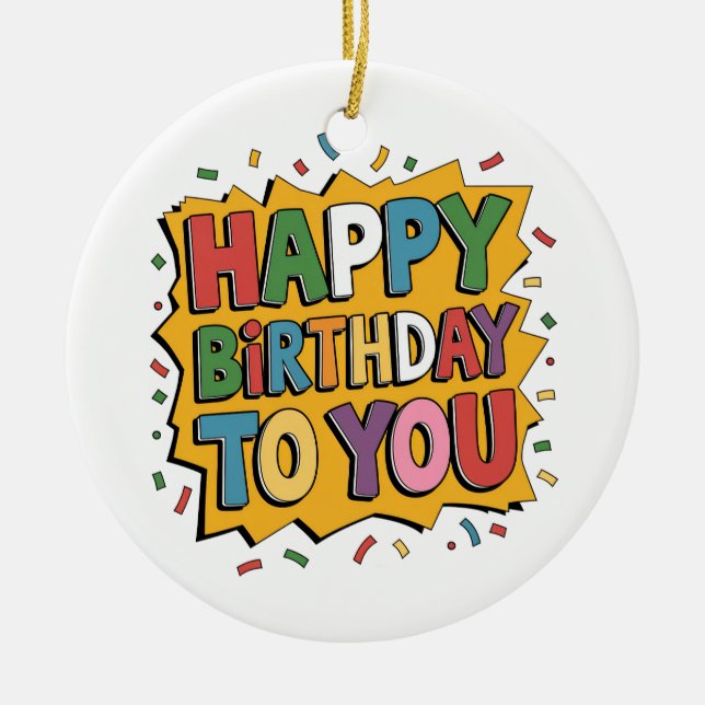 Comic Burst Happy Birthday Ceramic Tree Decoration (Front)