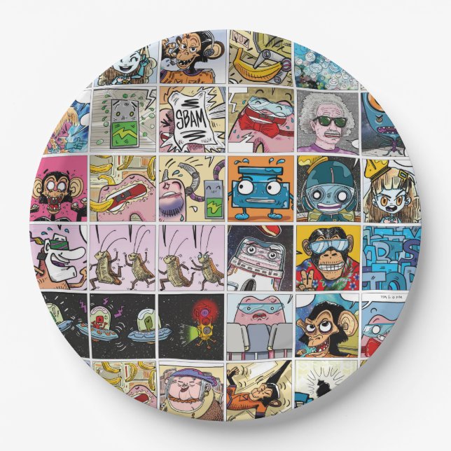 Comic Colourful Fun Characters Grid Pattern Paper  Paper Plate (Front)