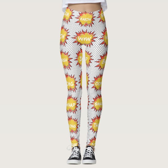 Comic Explosive Text Bubbles Pattern Leggings (Front)