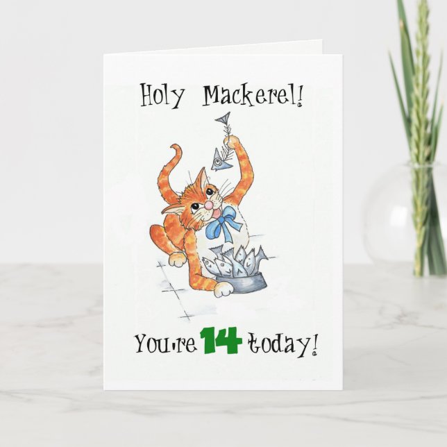 Comic Ginger Cat Holy Mackerel, 14th Birthday Card (Front)