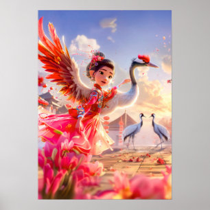 Comic Girl Dancing with Crane in Graceful Scene Poster