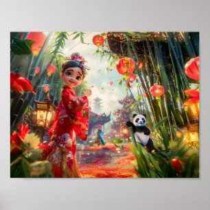 Comic Girl in Bamboo Forest with Panda Poster