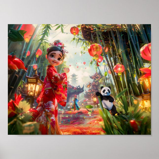 Comic Girl in Bamboo Forest with Panda Poster (Front)