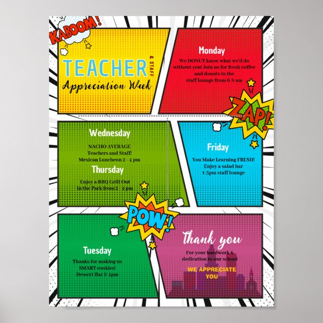 Comic hero Teacher Appreciation Week Itinerary Poster (Front)
