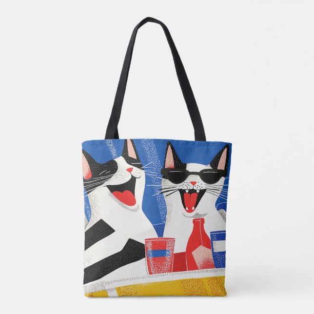 Comic Joyful Perfect Cat Duo Enjoying Summer Vibes Tote Bag (Back)