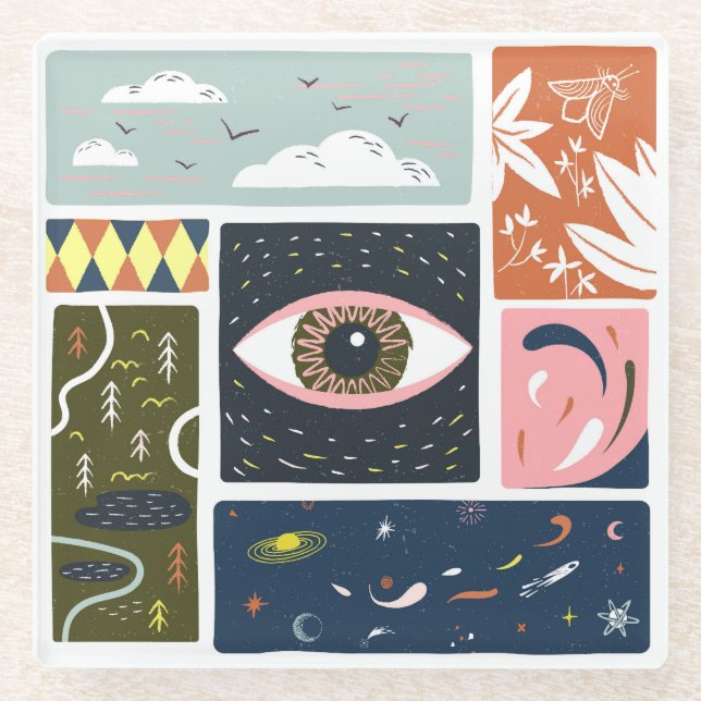 Comic Nature Space: Autumn Illustration Glass Coaster (Front)
