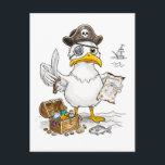 Comic Pirate Bird Treasure Hunt Postcard<br><div class="desc">A bold pirate bird guards a wooden chest while studying an old treasure map. This comic‑style illustration blends coastal adventure with playful humor,  perfect for maritime décor,  quirky character art and fans of imaginative seaside stories.</div>