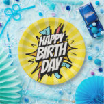 Comic Retro Happy Birthday! Paper Plate<br><div class="desc">A dynamic,  comic-book-inspired "Happy Birthday" greeting. The design features bold,  slanted white typography with heavy black outlines,  bursting out from a central action star. The background utilizes a vibrant yellow sunburst (ben-day dots effect) with sharp,  geometric shards in teal and coral red to emphasize movement.</div>