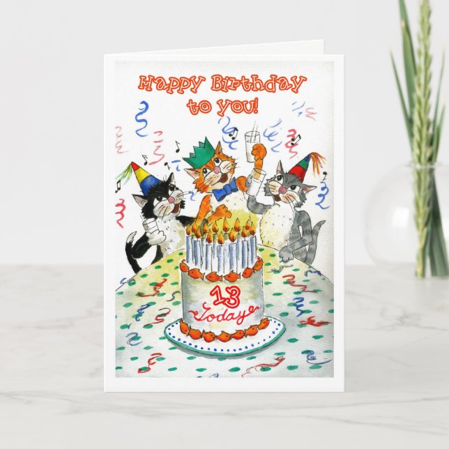 Comic Singing Cats Age-specific 13th Birthday Card (Front)