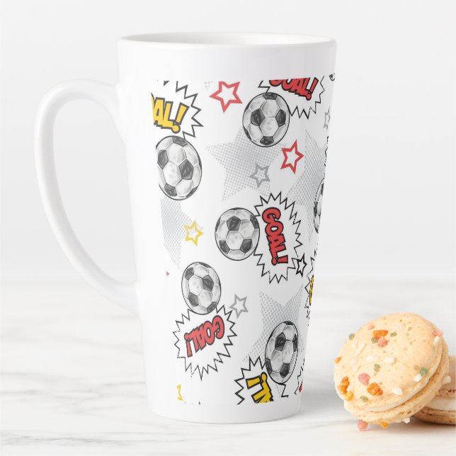 Comic Soccer Goal Pattern – Retro Sports Latte Mug (In Situ)