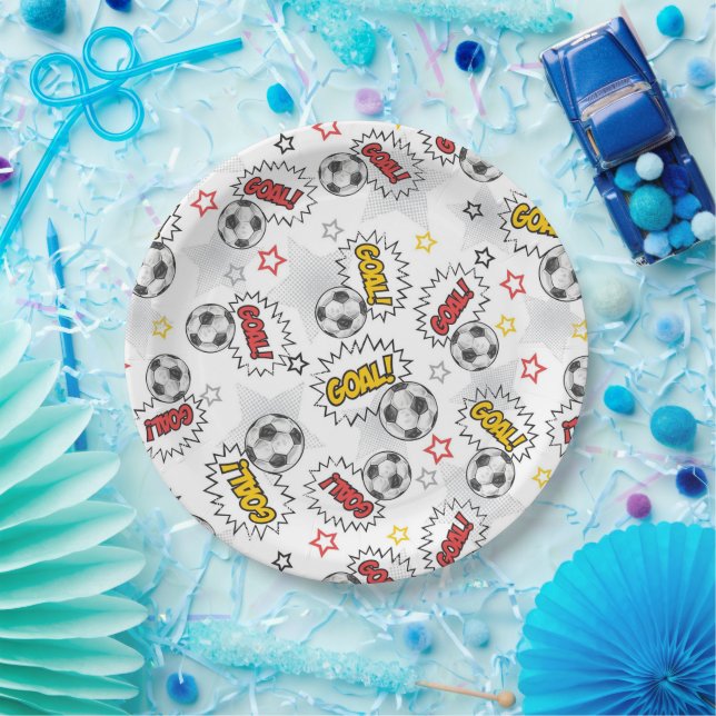 Comic Soccer Goal Pattern – Retro Sports Paper Plate (Party)