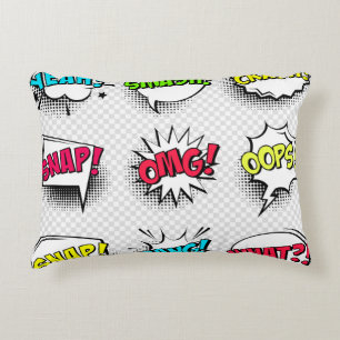 Comic speech bubbles with halftone shadow and text decorative cushion