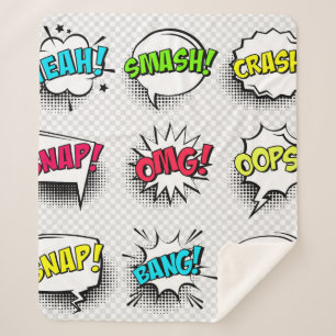 Comic speech bubbles with halftone shadow and text sherpa blanket