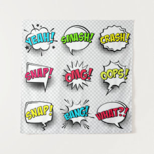 Comic speech bubbles with halftone shadow and text tapestry