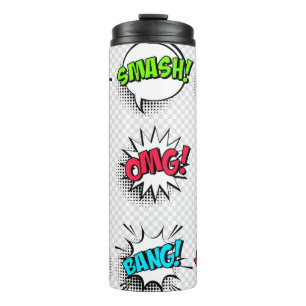 Comic speech bubbles with halftone shadow and text thermal tumbler