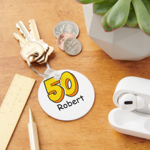 Comic Style 50th Birthday Golfer Gift – Funny Key Ring