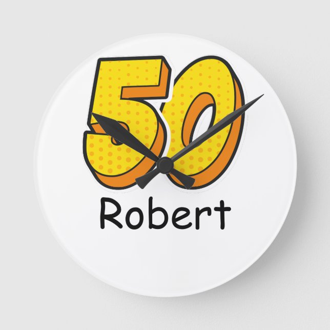 Comic Style 50th Birthday Golfer Gift – Funny Round Clock (Front)