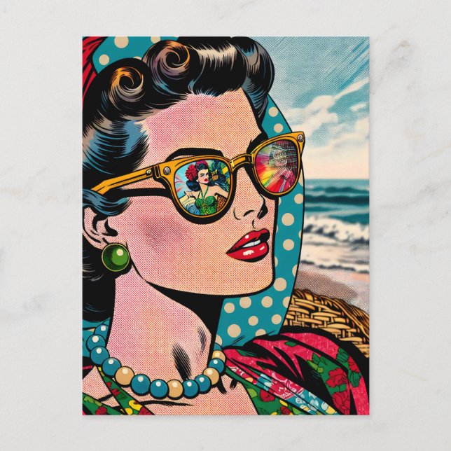 Comic Style Art | Woman Watching Hula Dancer Blank Postcard (Front)